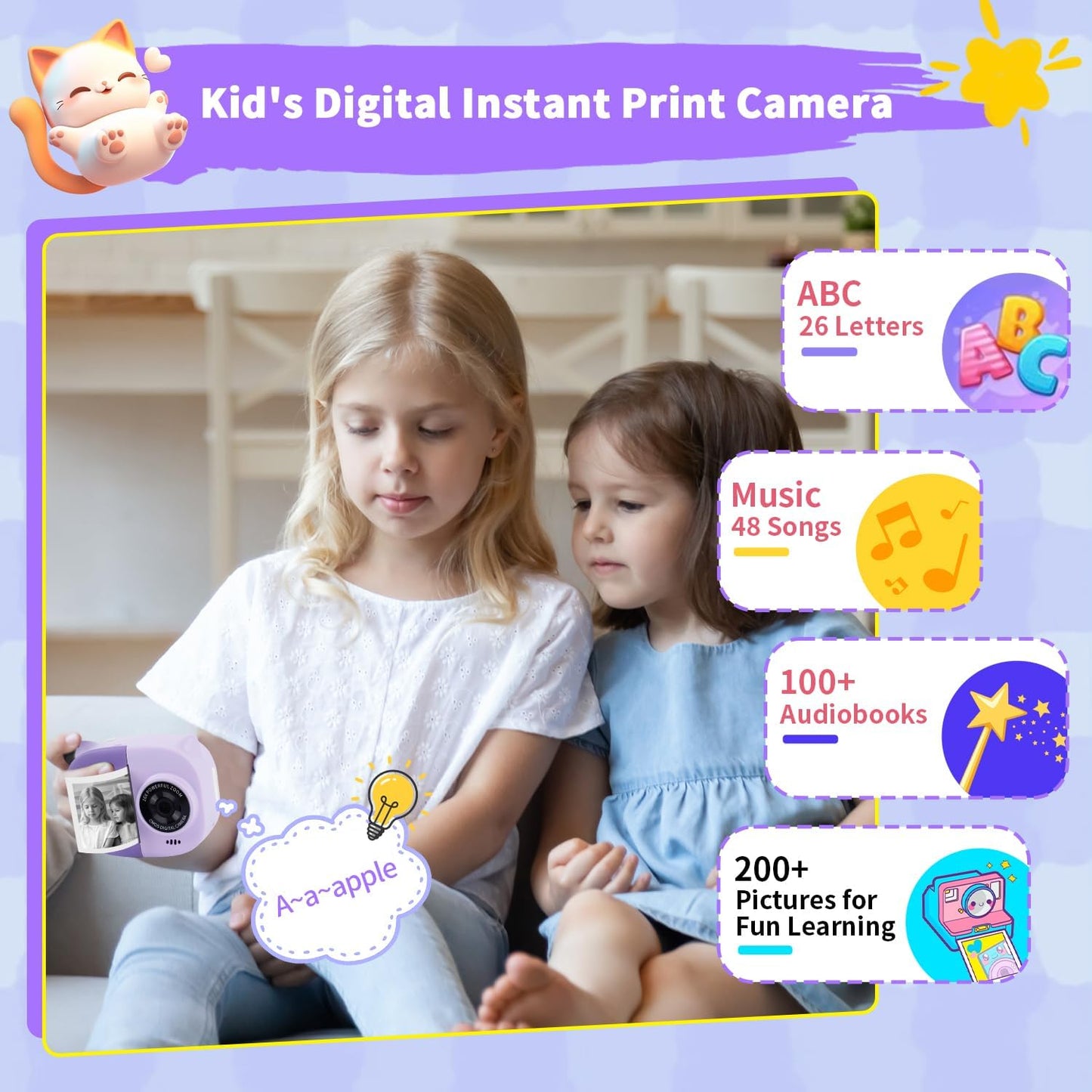 Portable Instant Camera for Kids Print Photos Travel Digital 1080P Video Camera for Toddlers 3 4 5 6 7 8 Year Old Girls Holiday Christmas Birthday Gifts (Purple)