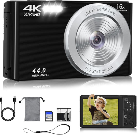 Digital Camera FHD 4K Kids Camera 44MP with 64GB SD Card 2 Batteries Autofocus 16X Digital Zoom Compact Portable Point and Shoot Digital Small Vintage Camera for Teens Boys Girls Students (Black)