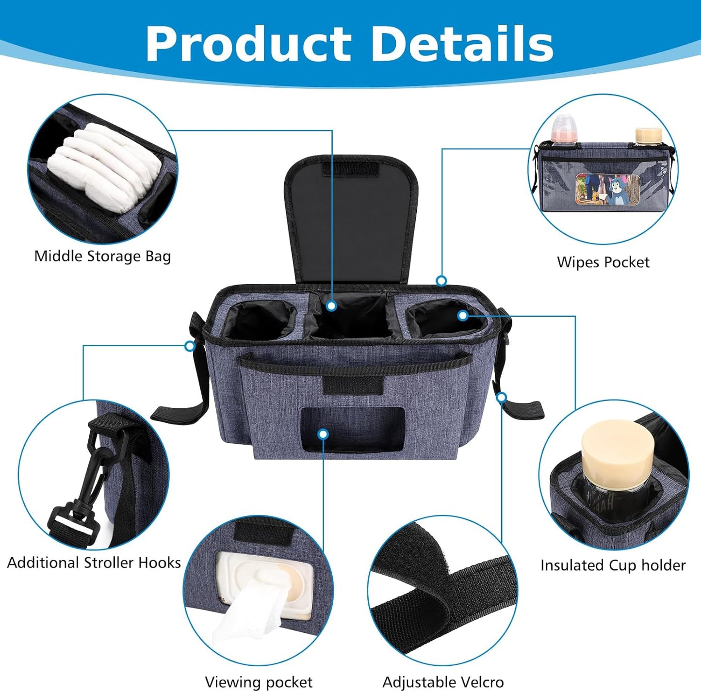 Accmor Universal Stroller Organizer with Insulated Cup Holder and Shoulder Strap, Stroller Bag Caddy Organizer Stroller Accessories for Uppababy, Baby Jogger, Nuna, Doona, Britax Strollers