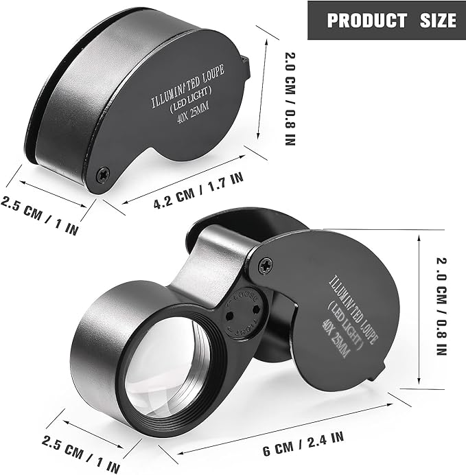 2 Pieces 40X Magnifying Glass, Jewelers Loupe Pocket Folding Magnifier with Light for Watch Coins Stamps Gems Jewelry Diamond Identifying