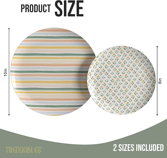 Trendables Heavy Duty Paper Plates Set For 32 Guests - 32 Each Of 8-inch And 10-inch Disposable Plates For Party - Fancy 64 Piece Dinnerware Set For All Occasions | Floral Design, Folk