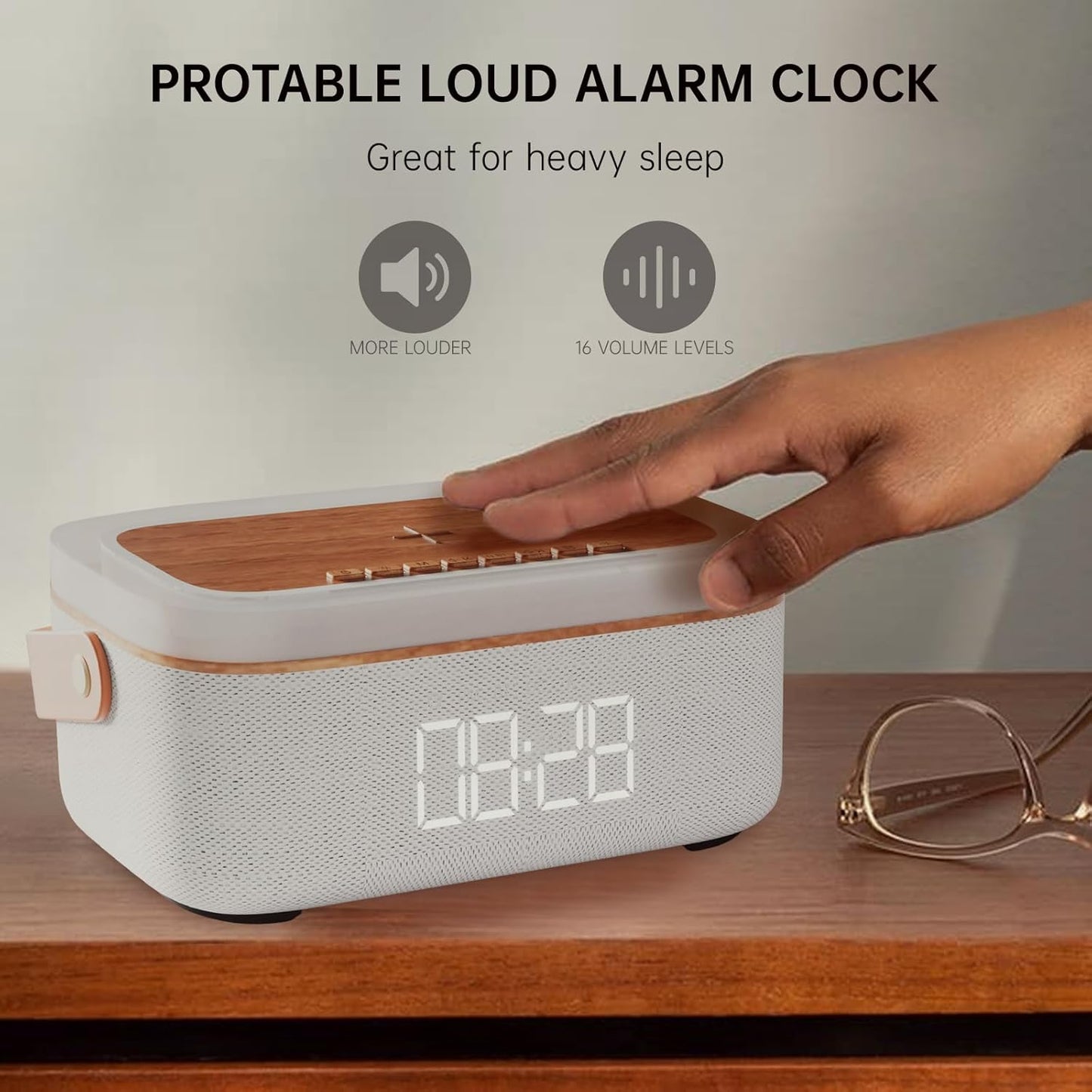 LOVME Alarm Clock Bluetooth Speaker for Bedroom, Bluetooth Stereo Sound Speaker, Fast 15W Wireless Charger, Dimmer, Night Light for Heavy Sleepers, Gift Set, Bedside(Khaki)