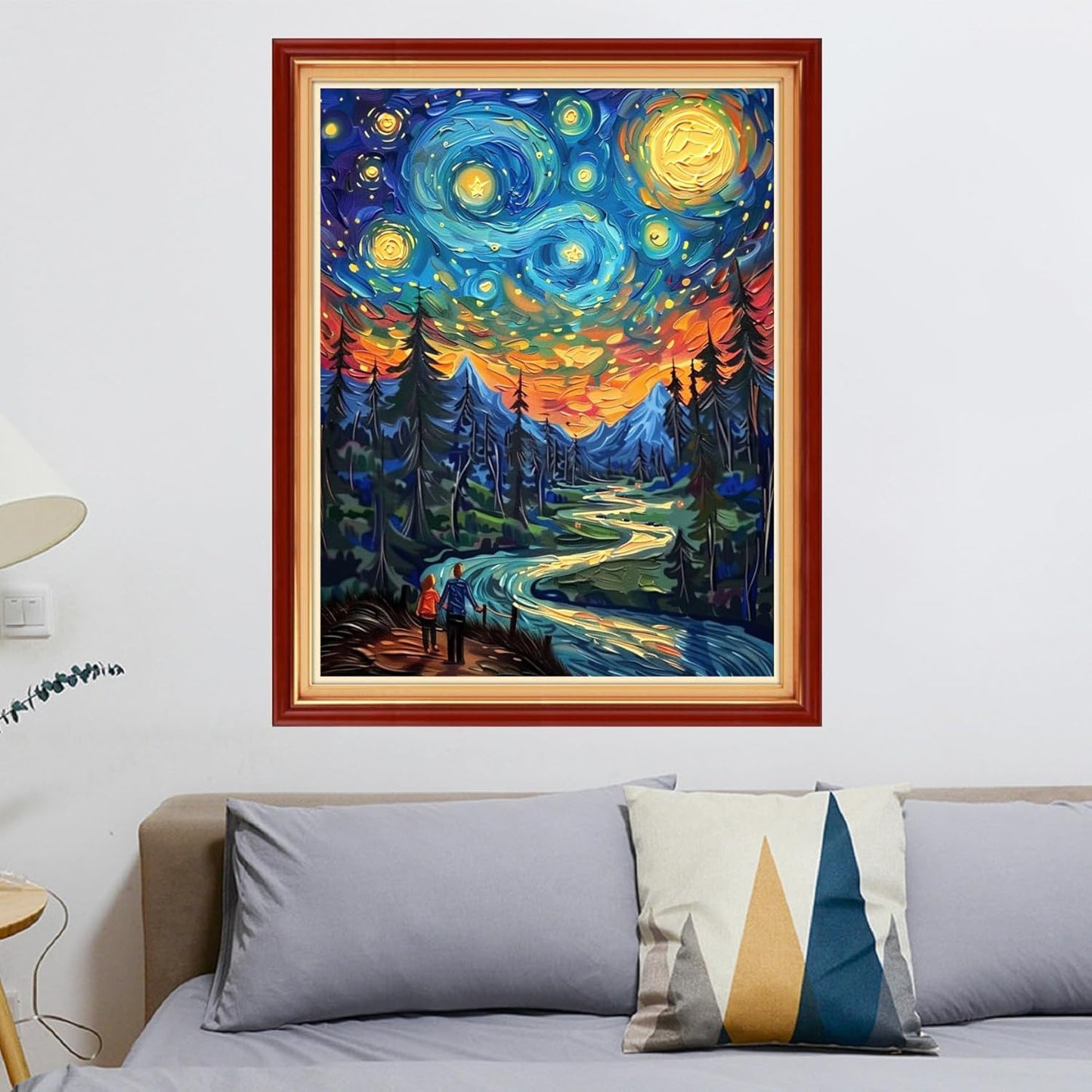 Stamped Cross Stitch Kits - Beach Night Landscape Counted Cross Stitch Kits for Beginners Adults Needlepoint Cross-Stitch Patterns-Van Gogh Night Sky Couple 16x20 inchs
