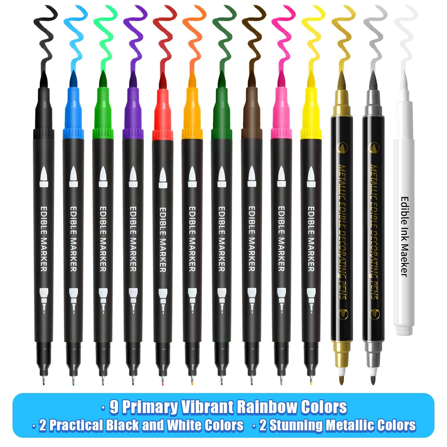 Edible Markers, Colorful Metallic Gold Food Coloring Pens, 13 pcs Writer with Brush Tip for Decorating Cookies, Fondant, Gum paste, Icing, Macarons, DIY Easter Eggs, Marshmallows, Fruits.