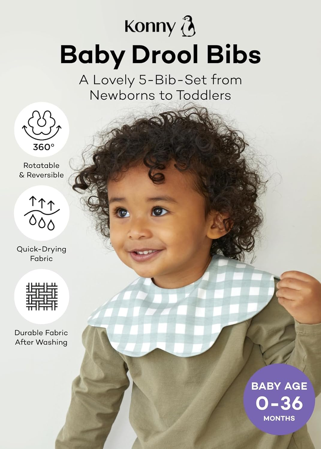 Konny Baby Bibs 5-Pack, 360 ° Rotate, Soft and Absorbent Bandana Drooling for Boys Girls baby Essentials