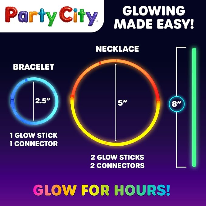 Party City 500 Glow Sticks Bulk Party Pack 8”– Neon Glow in the Dark Party Supplies, Glowsticks with Connectors Bracelets & Necklaces, Light Up Favors for Kids, Adults, Birthdays, Parties, Decorations