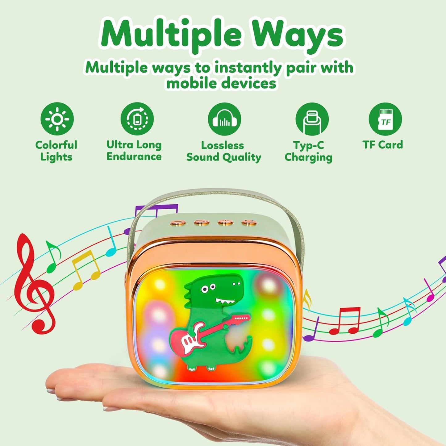 Dinosaur Karaoke Machine for Kids, Portable Mini Karaoke Machine with 2 Wireless Microphones, 4 5 6 7 8 9 10 Years Old Girl Boy Easter Christmas Birthday Gift Colorful Lighted Speaker Toys