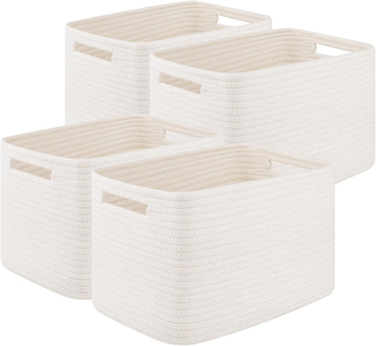 Storage Baskets for Organizing, Woven Decorative Baskets for Shelves - Books, Towels, and Clothes, Cotton Rope Toy Storage Bins, 12.7''Lx9''Wx7.8''H, Pack of 4, White