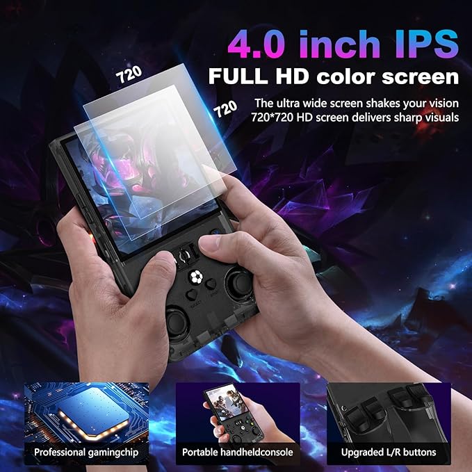 R36MAX Retro Handheld Game Console, 4.0 Inch 720x720 IPS Screen, Built-in 22,000+ Classic Game, Portable Hand Held Open Source Linux System, 4000mAh Battery Retro Gaming Console (Black 128GB)