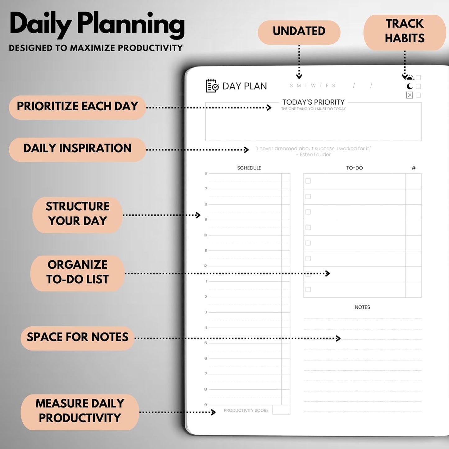 Undated Daily Planner – 6-Month A5 Productivity Organizer with Full Page Per Day, Hourly Schedule, Goal Setting, Habit Tracker, Weekly & Monthly Pages – Hardcover Time Management Notebook (Rose Gold)