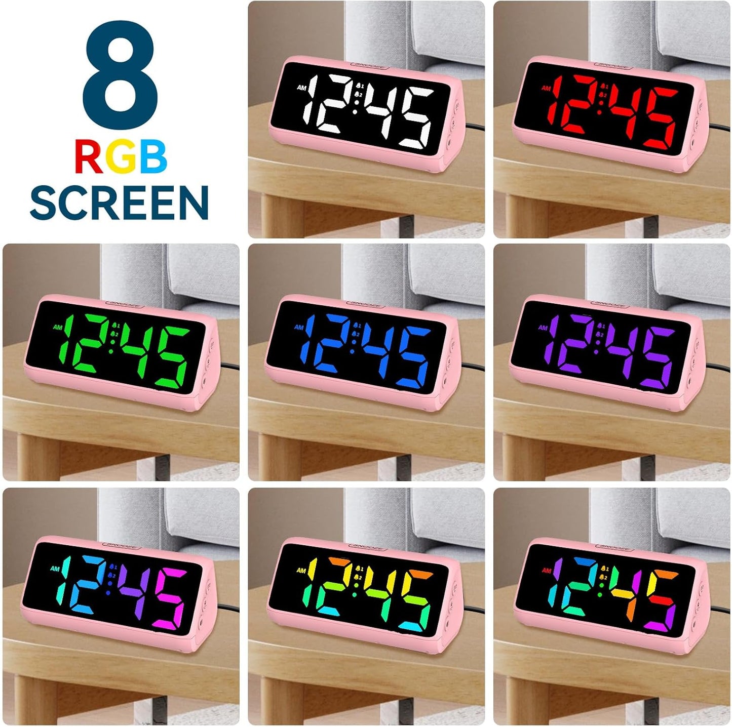 Netzu Loud Alarm Clock for Heavy Sleepers, RGB Alarm Clocks for Bedrooms Seniors Kids, Plug in Digital Clock with 5 Dimmers, 2 Alarms, 4 Volumes and Snooze