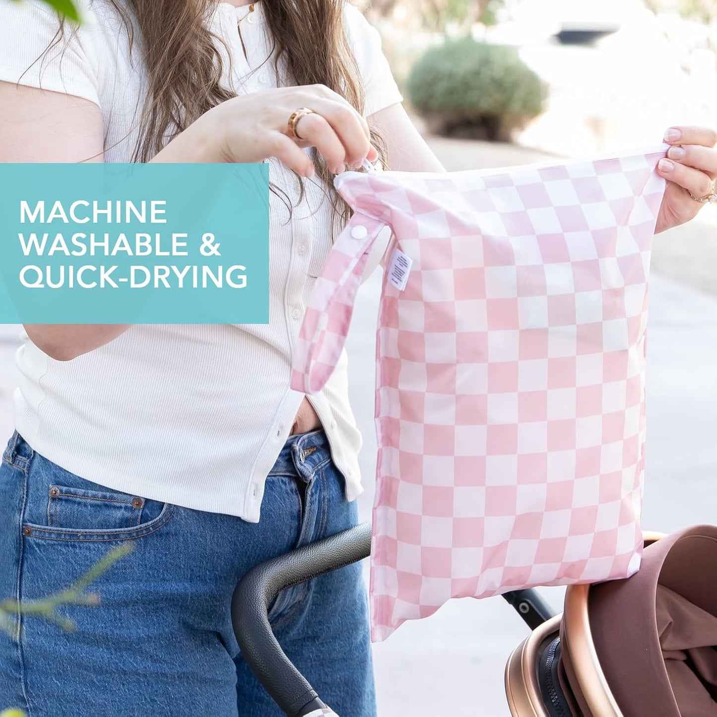 Bumkins - Waterproof Wet Bag - For Baby, Travel, Swim Suit, Cloth Diapers, Pump Parts, Pool, Gym, Toiletry, Strap to Stroller - Reusable & Easy to Clean - 2pk - Beige & Pink Check