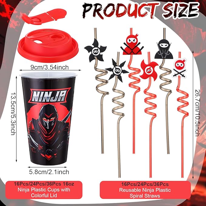 Yungyan 16 Sets Ninja Party Favors Goodie Cups with Lids and Straws for Birthday Decorations Reusable 16oz Plastic Candy Cups Plastic Straws for Birthday Party (Ninja)
