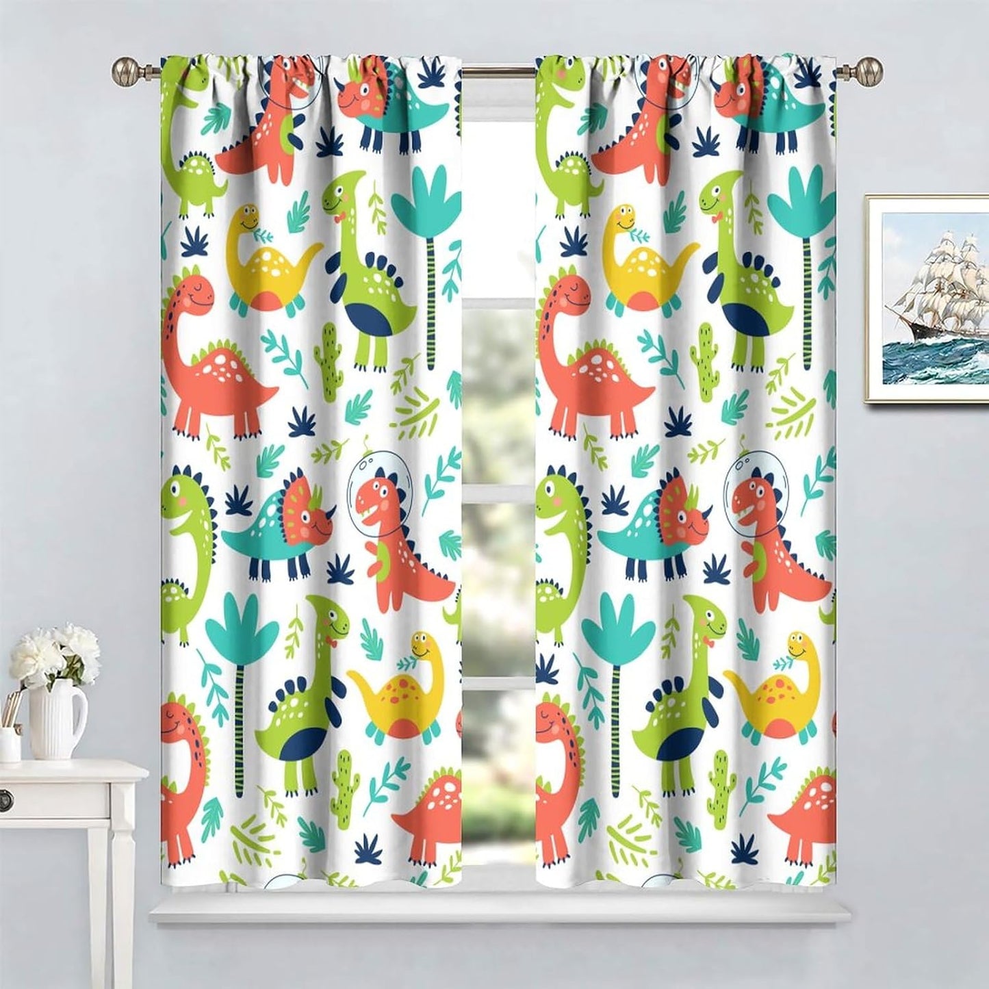 Rustic Dinosaurs Curtains Colorful Dino Kids Boys Cartoon Cute Cool Funny Decor Printed Blackout Rod Pocket Window Drapes for Living Room Bedroom W21xL54in 2 Panels