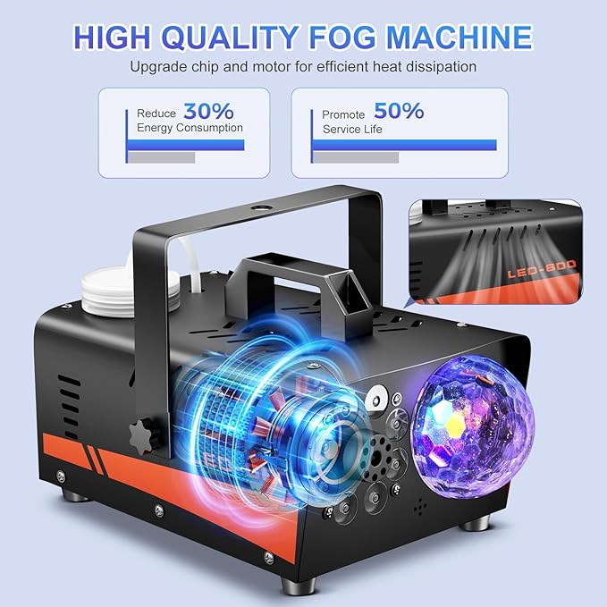 Fog Machine, Halloween Smoke Machine with Disco Ball Lights, 600W and 3000CFM with 13-Color LED Effects, Wired And Wireless Remote Controls, Ideal for Indoor, Outdoor, Wedding, Parties, and DJ Stage