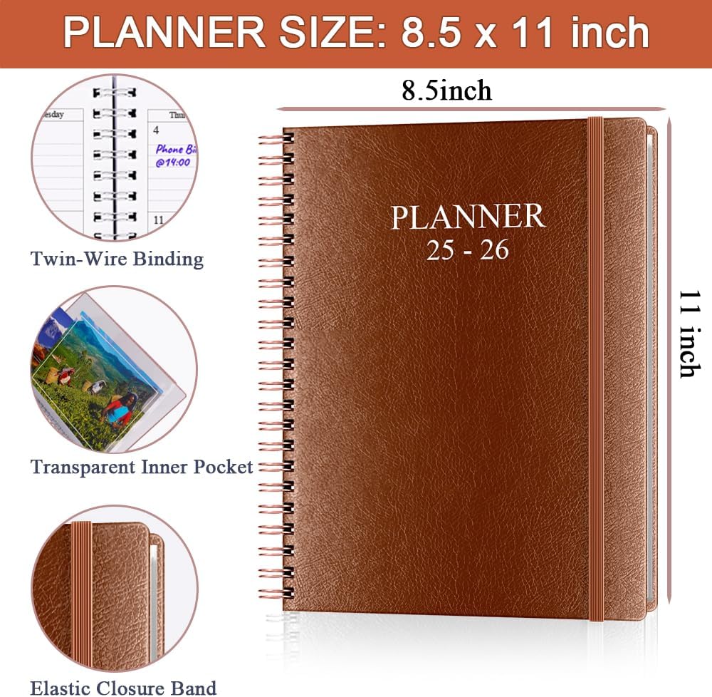 Planner 2025-2026 - Weekly & Monthly Planner Runs from Jul 2025 to Jun 2026, 8.5 x 11", 12 Month Tabs, Inner Pocket, PU Leather Cover with Twin-Wire Binding, Monthly Planners 2025-2026, Brown
