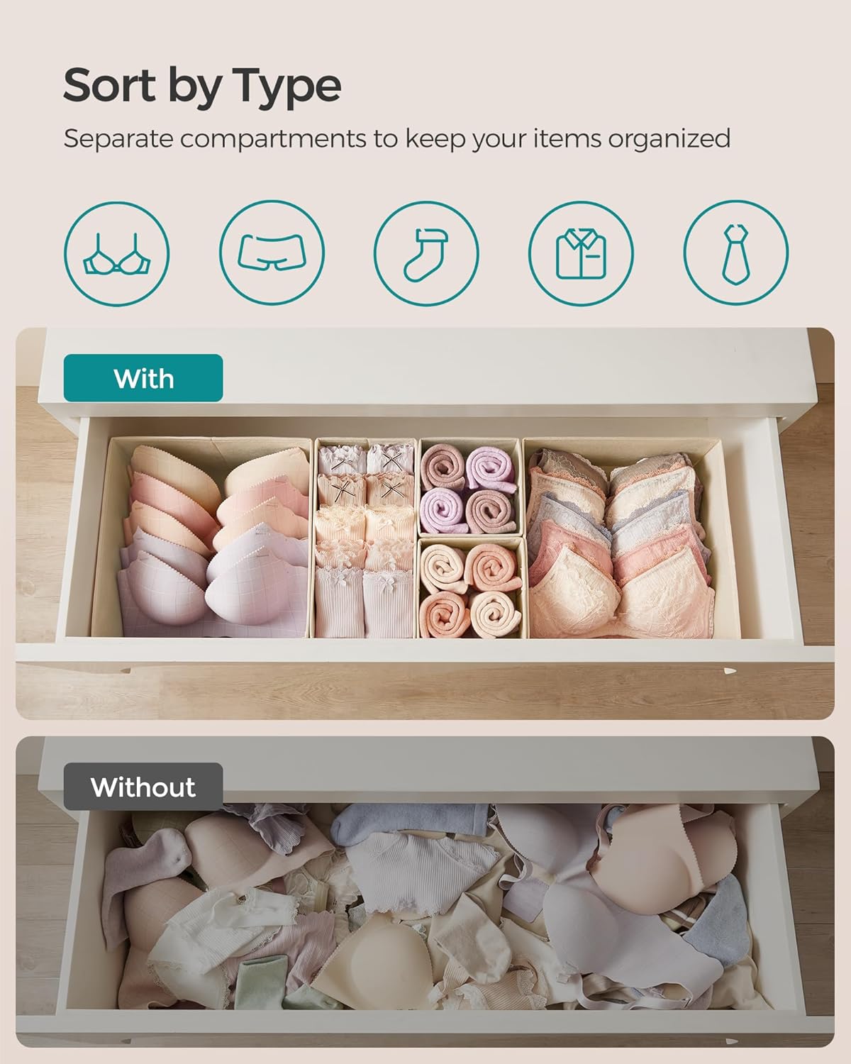 SONGMICS Drawer Organizers, Dresser Divider Organizers, Set of 12, Foldable Fabric Storage Boxes for Socks, Underwear, Bras, Ties, Scarves, Summer Sand URDZ006Y02