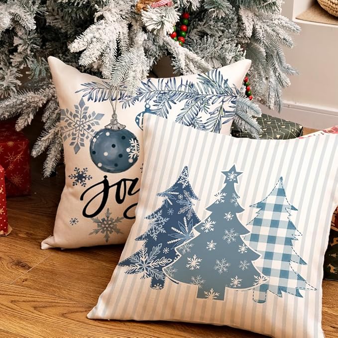 GEEORY Winter Christmas Throw Pillow Covers 18 x 18 Inch Set of 4, Xmas Trees Snowflake Snowman Joy Plaid Holiday Farmhouse Decorative Cushion Cases for Home Decoration G582-18