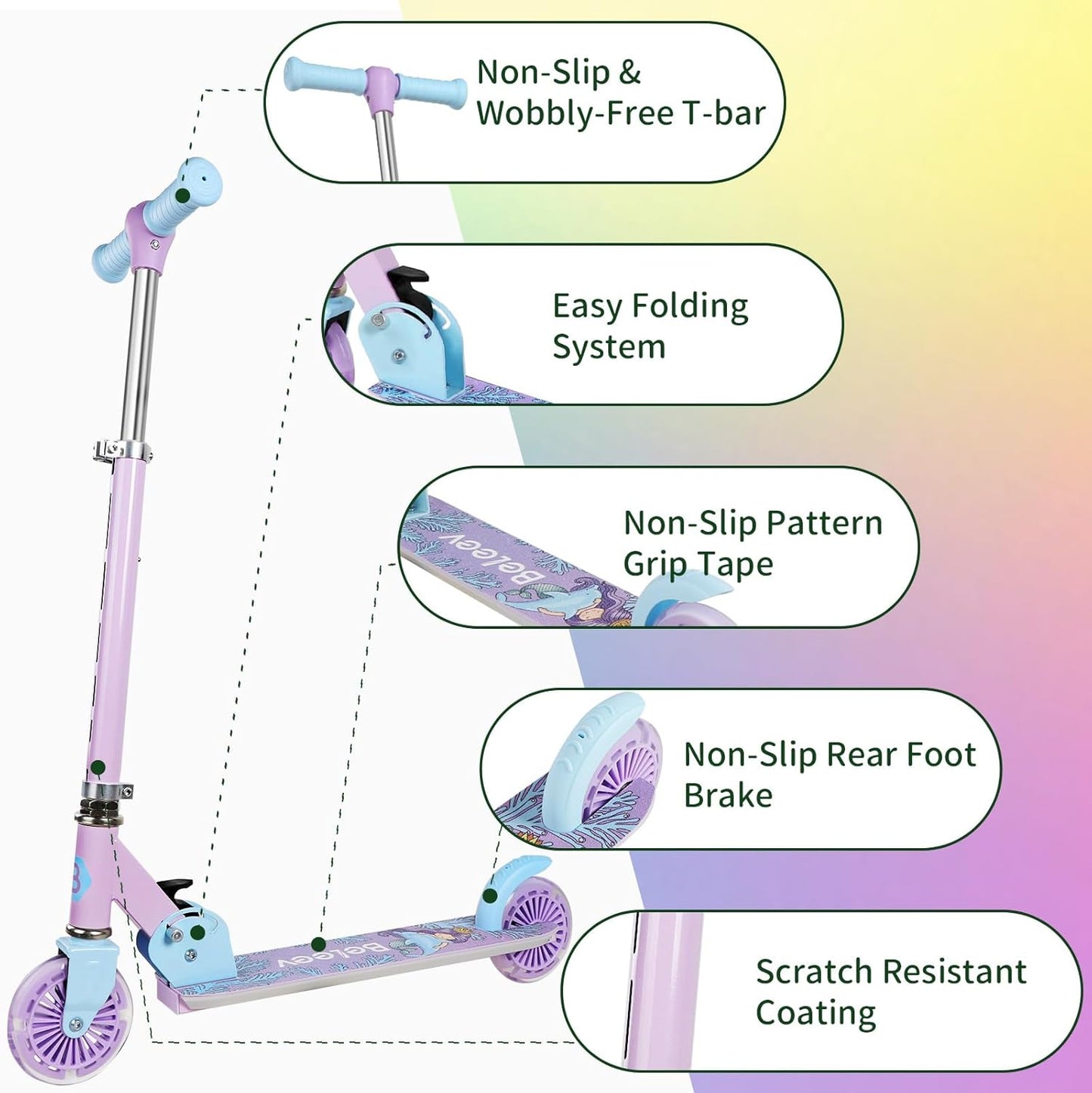 BELEEV V2 Scooters for Kids with Light-Up Wheels & Stem & Deck, 2 Wheel Folding Scooter for Girls Boys, 3 Adjustable Height, Non-Slip Pattern Deck, Lightweight Kick Scooter for Children Ages 3-12