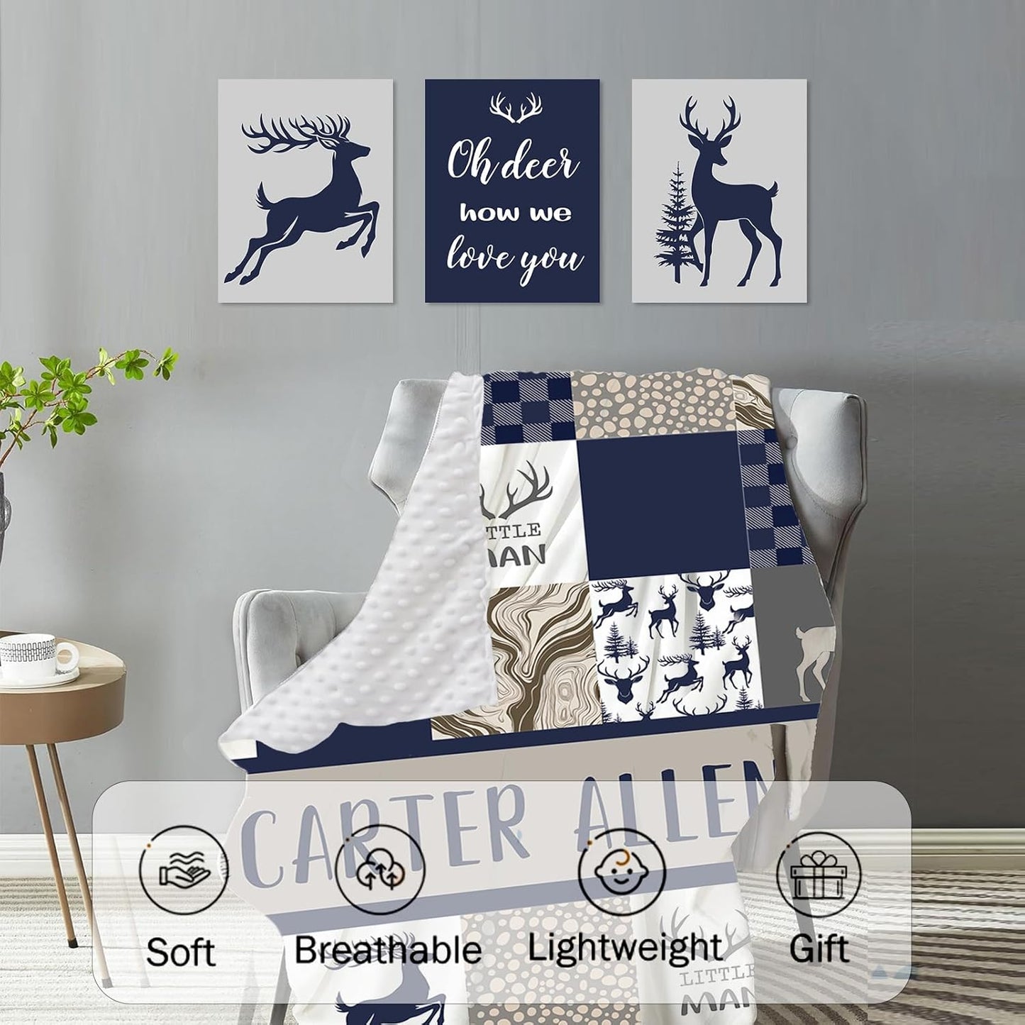 Personalized Baby Crib Bedding Set, 5-Piece Navy Deer Design Baby Crib Sets with Custom Name, Toddler Double Layer Blanket Fitted Sheets Changing Pad Cover Rug Wall Art Set, Charming Nursery Decor