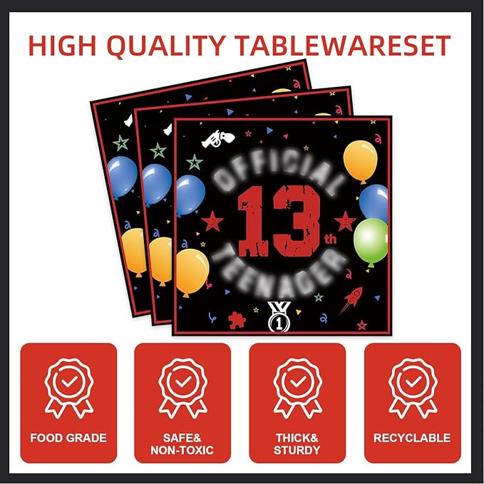 123pcs 13th Red and Black Party Decorations,Happy Birthday Banner Flags Paper,cups Straws Forks Cake Toppers Dessert plates Tablecloths and dinner plates,Officially a Teenager 13th Birthday Supplies