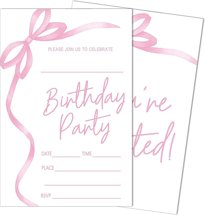 SIXEIGHT Pink Bow Birthday Invitations, Pink Ribbon Bow Birthday Party Invitations, 20 Party Invitations with Envelopes for Girls Boys, Birthday Party Favor & Decoration (4"x6")-A04