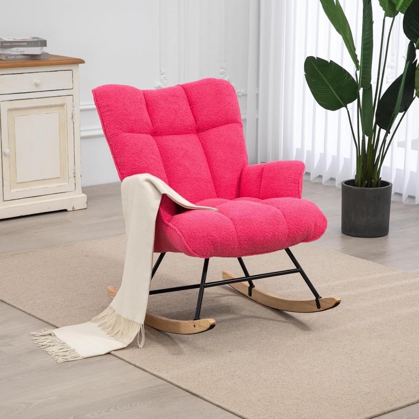Rocking Chair Nursery Teddy Upholstered Glider Rocker Rocking Accent Chair Padded Seat with High Backrest Armchair Comfy Side Chair for Living Room Bedroom Offices (Hotpink Teddy)