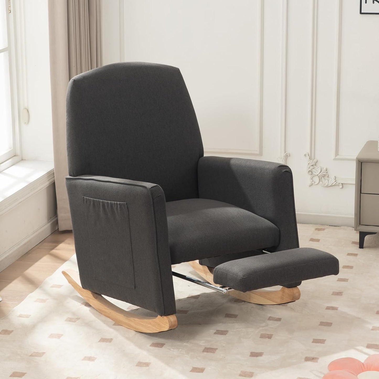 FOXHUNTER Rocking Chair Nursery with Adjustable Footrest and High Backrest, Upholstered Glider Chairs with Side Pockets for Nursery, Rocker Armchair Indoor for Living Room, Dark Gray