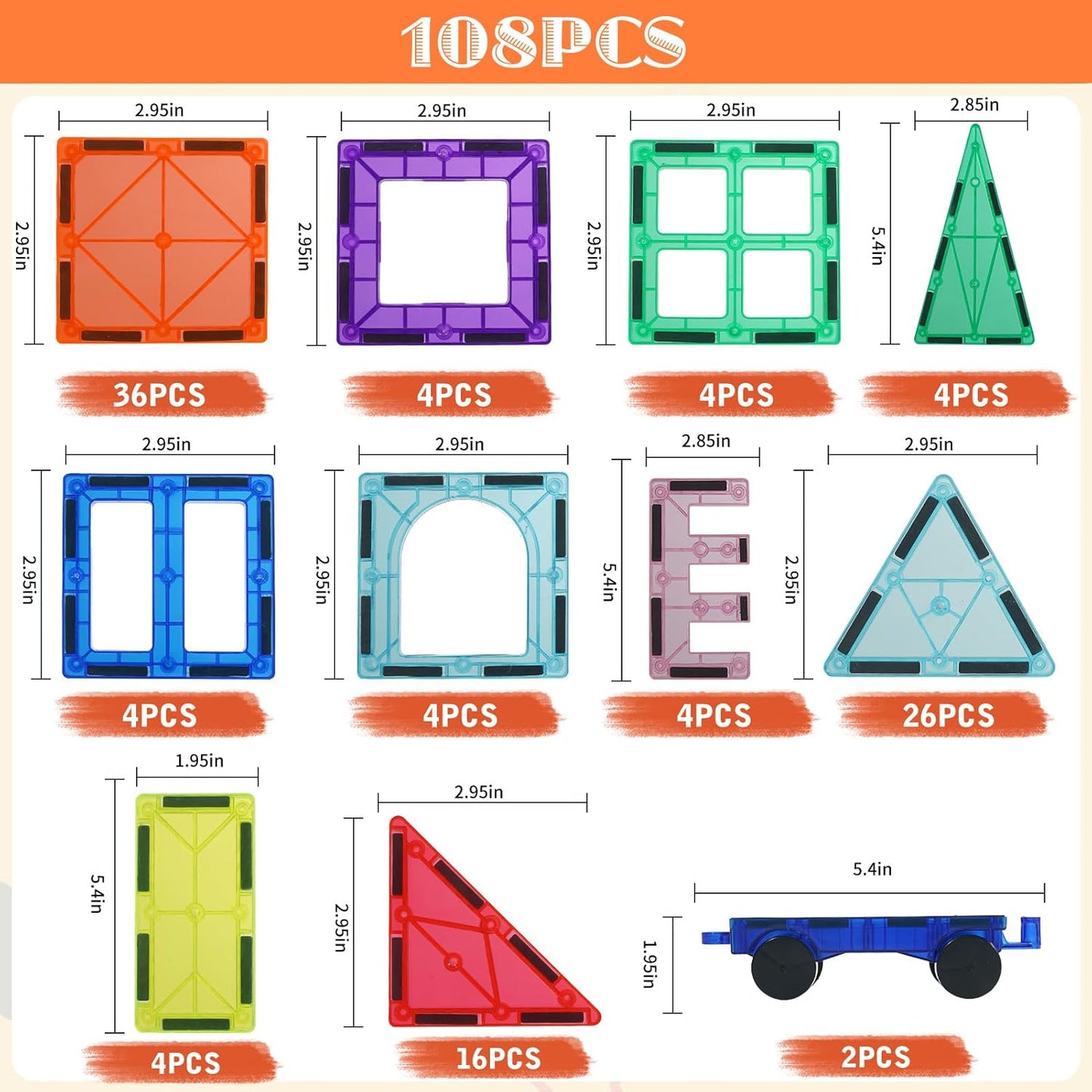 Cutedeer 108 Piece Magnetic Tiles, Magnet Building Blocks Set for Kids Toddlers, STEM Construction Toys with Gift Box for All Ages Boys Girls