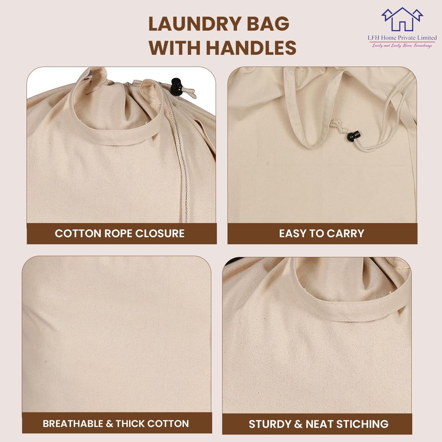 LFH Home Cotton Canvas Extra Large Laundry Bag with Handle, Heavy Duty Drawstring Closure Washable Laundry Bags School Travel, Home, Hotel, College Dorm, Organizer Sack, Toys Clothes 28x36-Natural