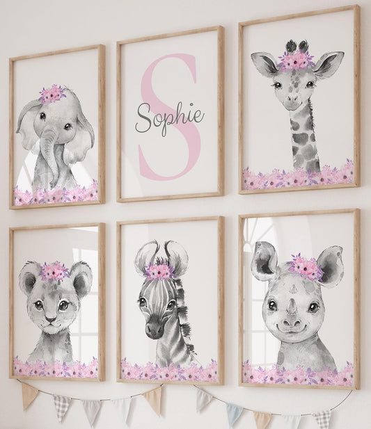 Personalized Safari Animals for Baby Girls Nursery Bedroom Unframed Set of 6 Poster Prints, Personalized Name Pink Purple Flowers Wall Art Decor New Baby Gift Present, Elephant Giraffe Panda Zebra Lion (11x14)