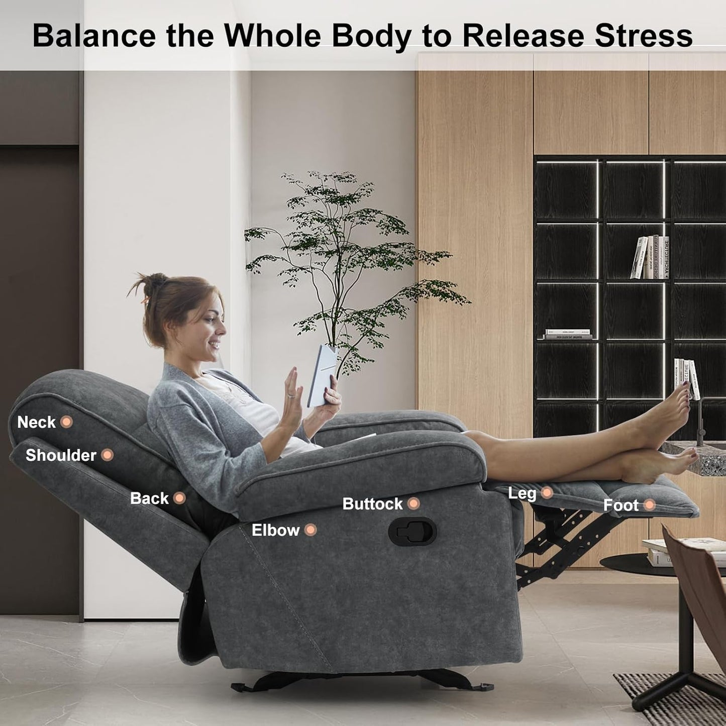 Rocker Recliner Chair for Adults, Manual Glider Chair for Nursery, Reclining Single Sofa Chair for Living Room, Upholstered Fabric Armchair, High Back, Deep Seat, Dark Grey