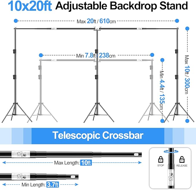 FUDESY 10x20ft Backdrop Stand Heavy Duty Adjustable Photography Background Support System with Angle Rotatable Connector, Spring Clamps, Sandbags, Ring Clips, Carry Bag for Photo Video Studio, Wedding