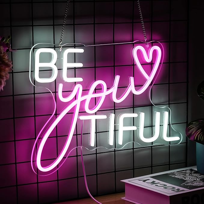 Be Your Tiful Neon Sign Dimmable Letter Neon Signs White Pink Wall Decorative Lights Powered USB with Switch for Bedroom Kid Room Shop Apartment Birthday Party Wedding （15.7’’X11.8’’）