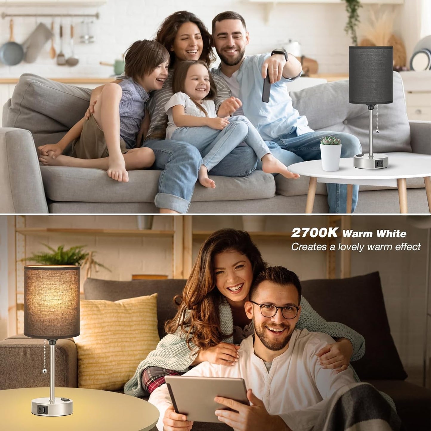 Black Table Lamp for Bedroom Nightstand - 3 Color Temperature Bedside Lamp with USB C and A Ports, Pull Chain Lamp for Bedroom with AC Outlet, Small Lamps Silver Metal Base for Kids Boys/Dorm Room