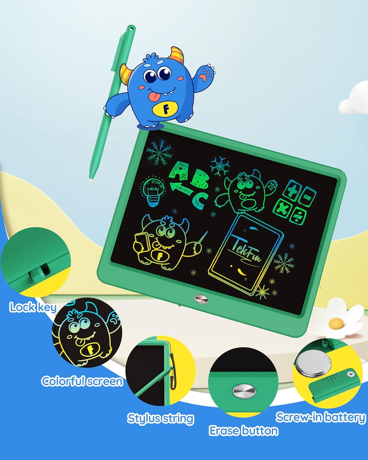 TEKFUN LCD Writing Tablet for Kids Boys Toys, 12 Inch Erasable Doodle Board Colorful Drawing Pad, Board Games Outdoor Travel Toys Gifts for Toddlers Boys Adults (Green)