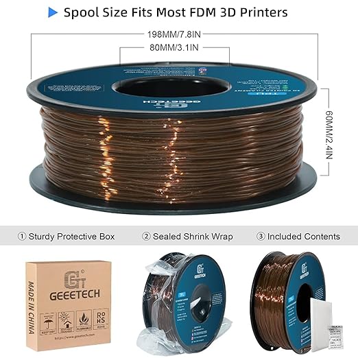 Geeetech TPU Filament 1.75mm, Shore 95A – Flexible 3D Printer Filament with High Elasticity, 1KG (2.2lbs) Spool, Dimensional Accuracy ±0.03mm, Fits Most FDM Printers (Clear Brown)