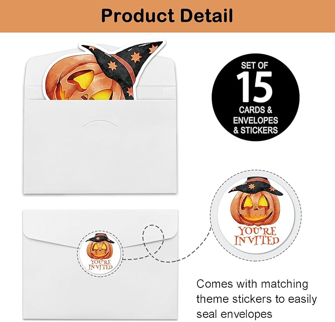 REWIDPARTY 15 Sets Halloween Invitations with Envelopes Stickers, Pumpkin Shaped Fill-in Invitation Cards, Birthday Baby Shower Party Invites, Funny Halloween Thanksgiving Party Supplies Decoration