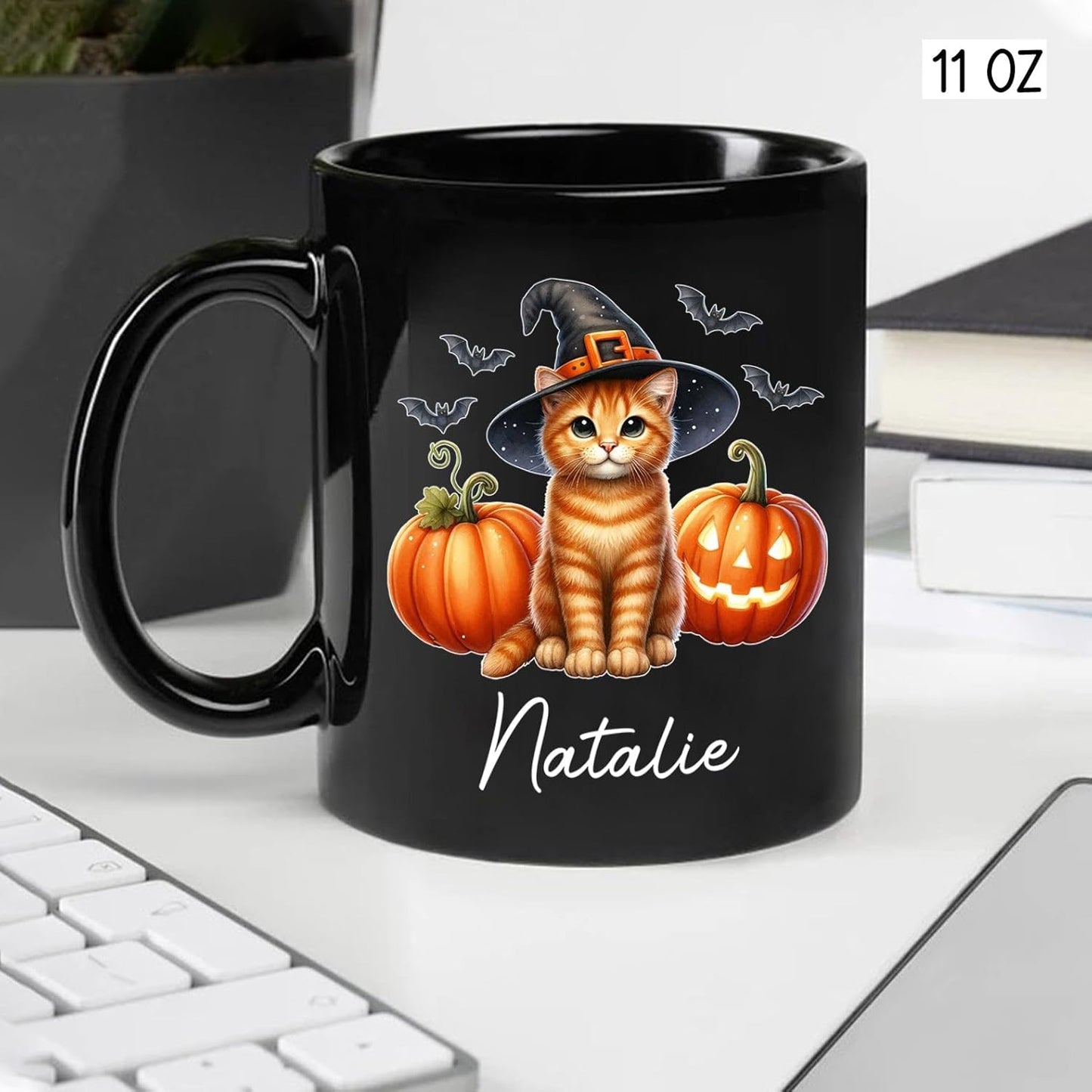 Custom Halloween Orange Tabby Coffee Cup, Personalized Name Orange Tabby with Pumpkins Ceramic Mug, Cat Witch Pumpkin Mug 11oz 15oz, Pet Cat Halloween Black Cup, Gift Idea for Pet Enthusiast