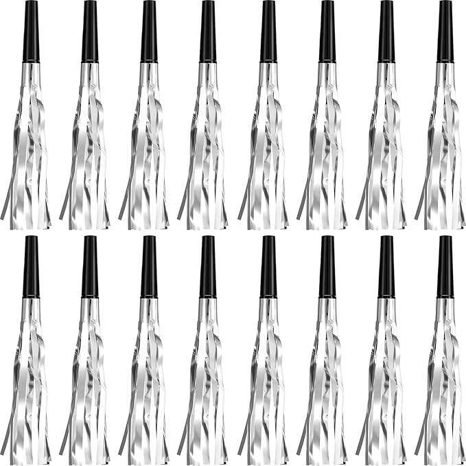 Skylety 24 Pcs Noise Makers Party Favors Silver Blowers Glitter Noise Makers for Sporting Events Fun Party Horns Metallic Fringed Blowers for Birthday Supplies