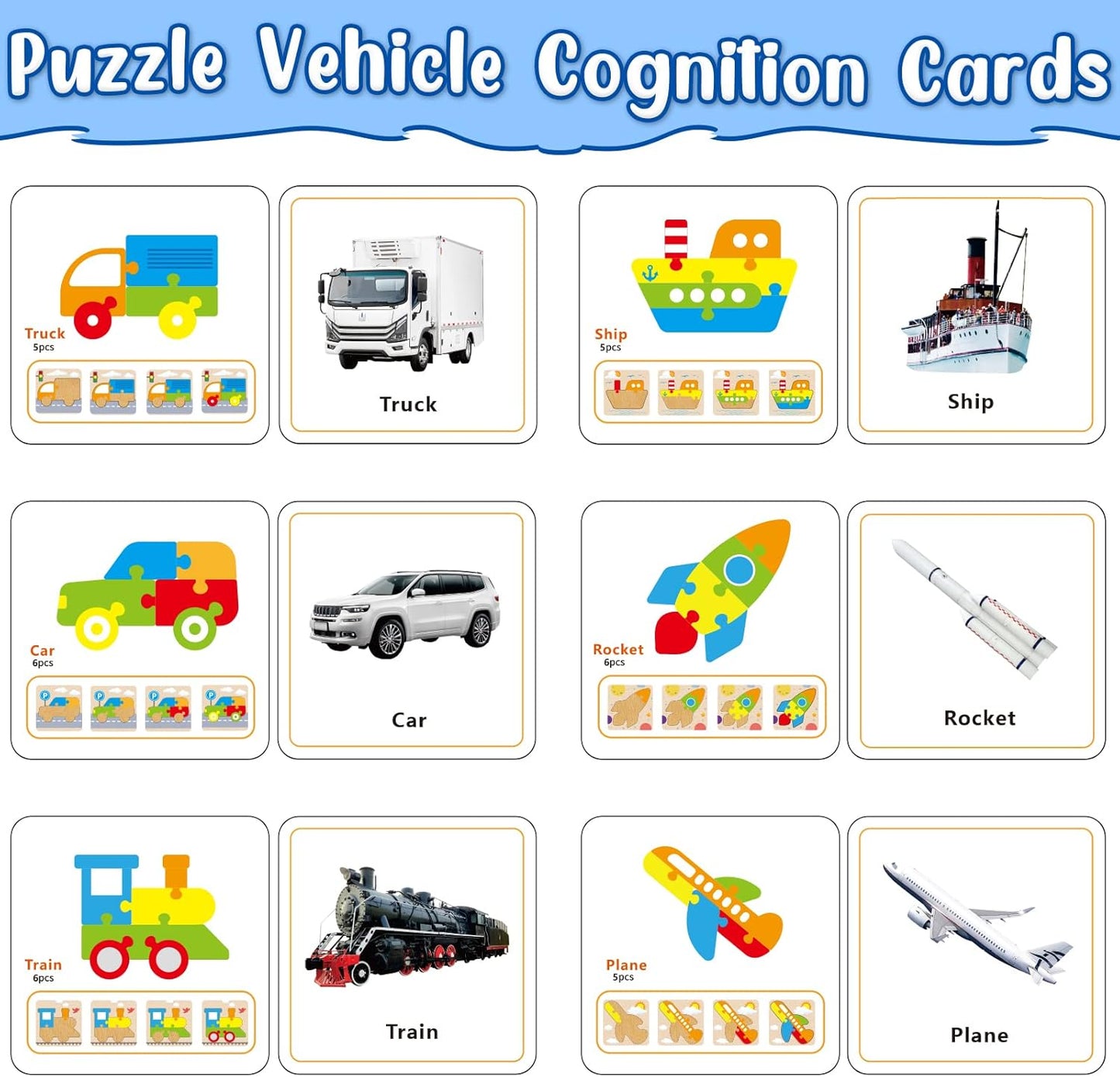 Wooden Vehicle Puzzles Toy Gift for 1, 2, 3 Years Old Boys Girls, Toddler Best Birthday Gift with 6 Vehicle Baby Montessori Color Shapes Learning Puzzles - Kids Educational Developmental Toys