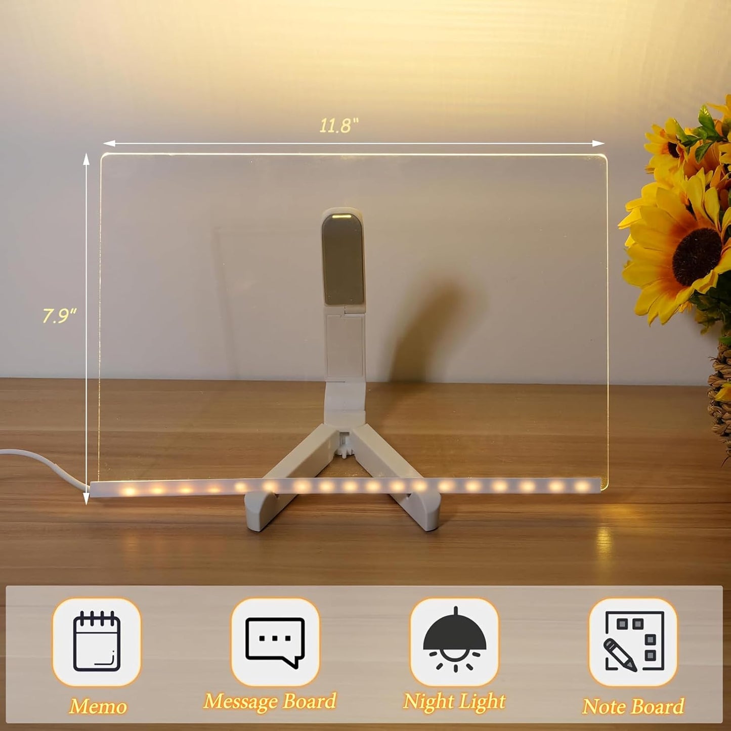 Large Acrylic Dry Erase Board with Light Light up Drawing Board with Stand as a Glow Memo LED Letter Message Board Note Glass Led Board White Board with 7 Pen for Office School Home (Large)