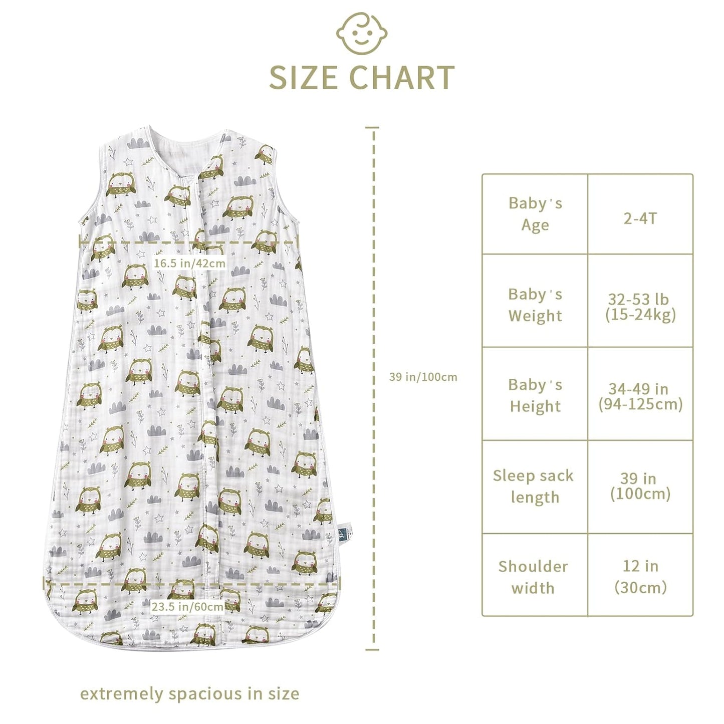 Baby Sleep Sack 2-4 T Baby Wearable Blanket 100% Organic Cotton 0.5 TOG Toddler Sleeping Sack 2- Way Zipper Soft Lightweight X-Large Owl