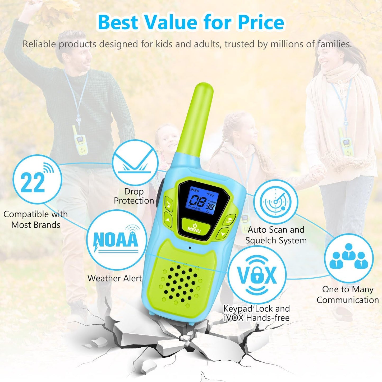 Walkie Talkies for Kids Adults Long Range Rechargeable 4 Pack Drop-resistant FRS 2 Way Radio 4 Miles with Lanyard Battery NOAA USB, Family Toy for 3-12 Year Old Boy Girl Toddler Camping Skiing