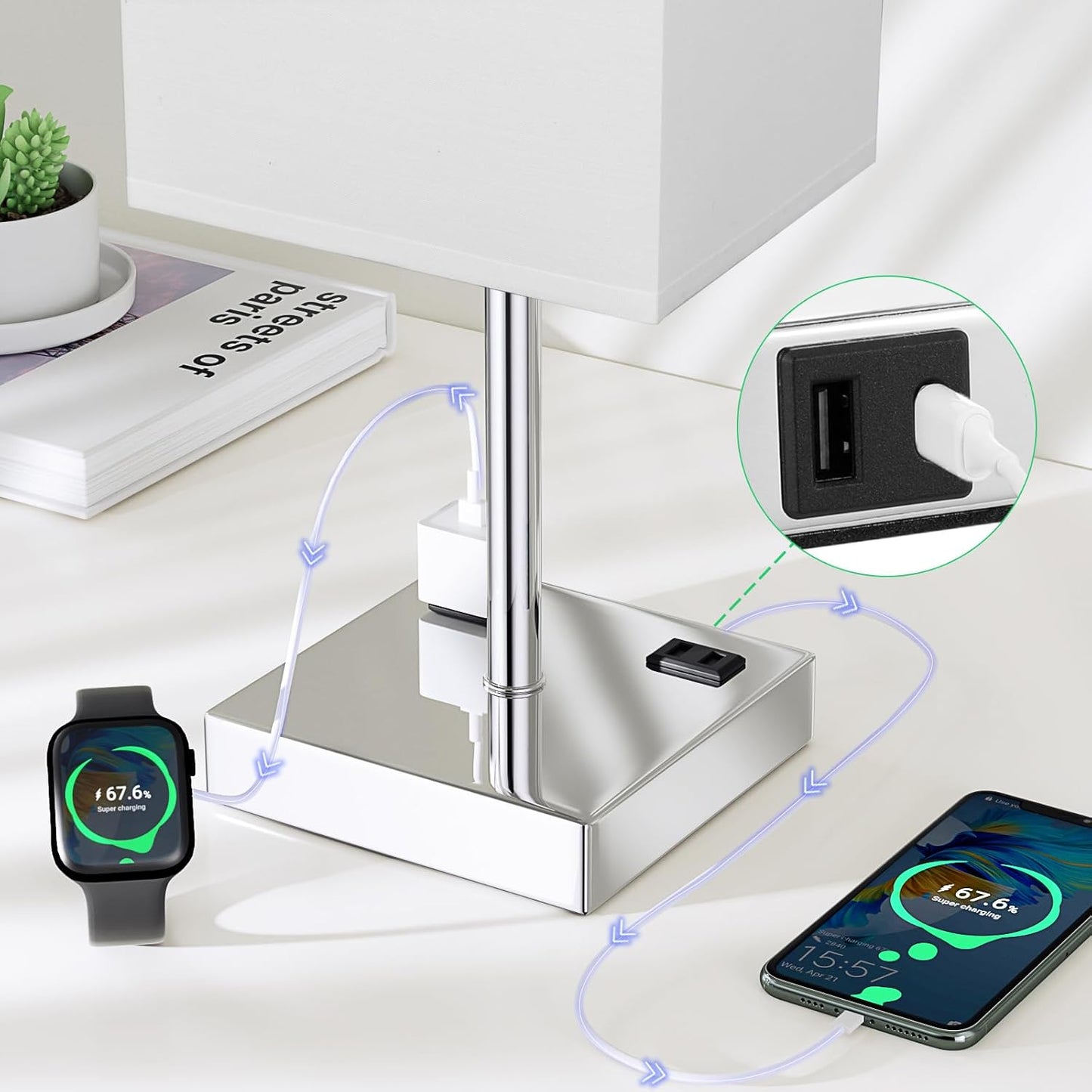 Touch Bedside Table Lamp For Nightstand - 3-Way Dimmable Night Lamp with USB A + Type C Charging Ports and two AC Outlets, Small Desk Light with E26 LED Bulb for Bedroom Living Room, WHITE PLUS