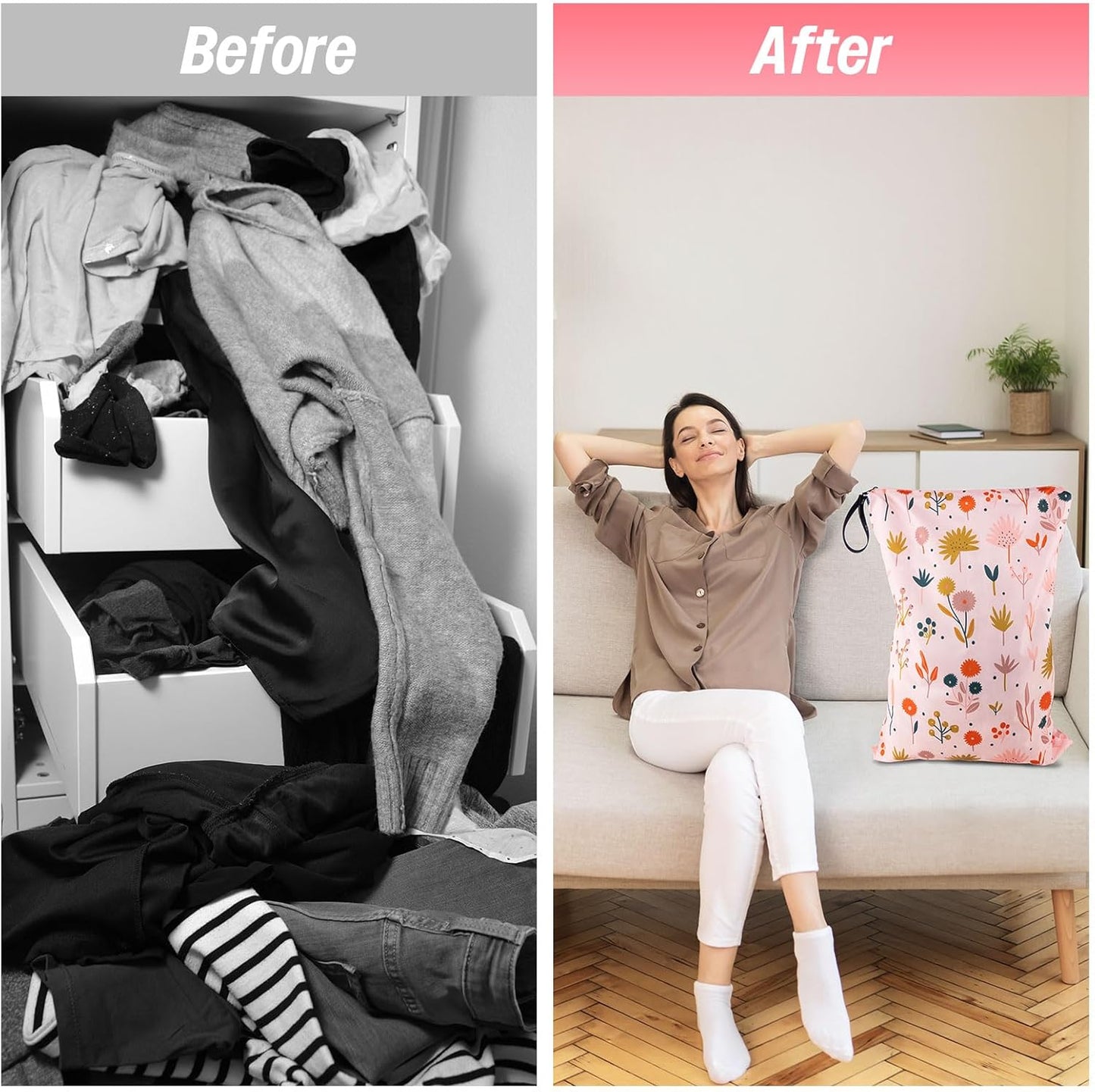 MissBoy Laundry Bags, 2 Pack Waterproof Travel Laundry Bag, Reusable and Washable Dirty Clothes Storage Bag with Zip Closure for Home, Travel, Camping, Caravan, Dormitory, 24"x17"