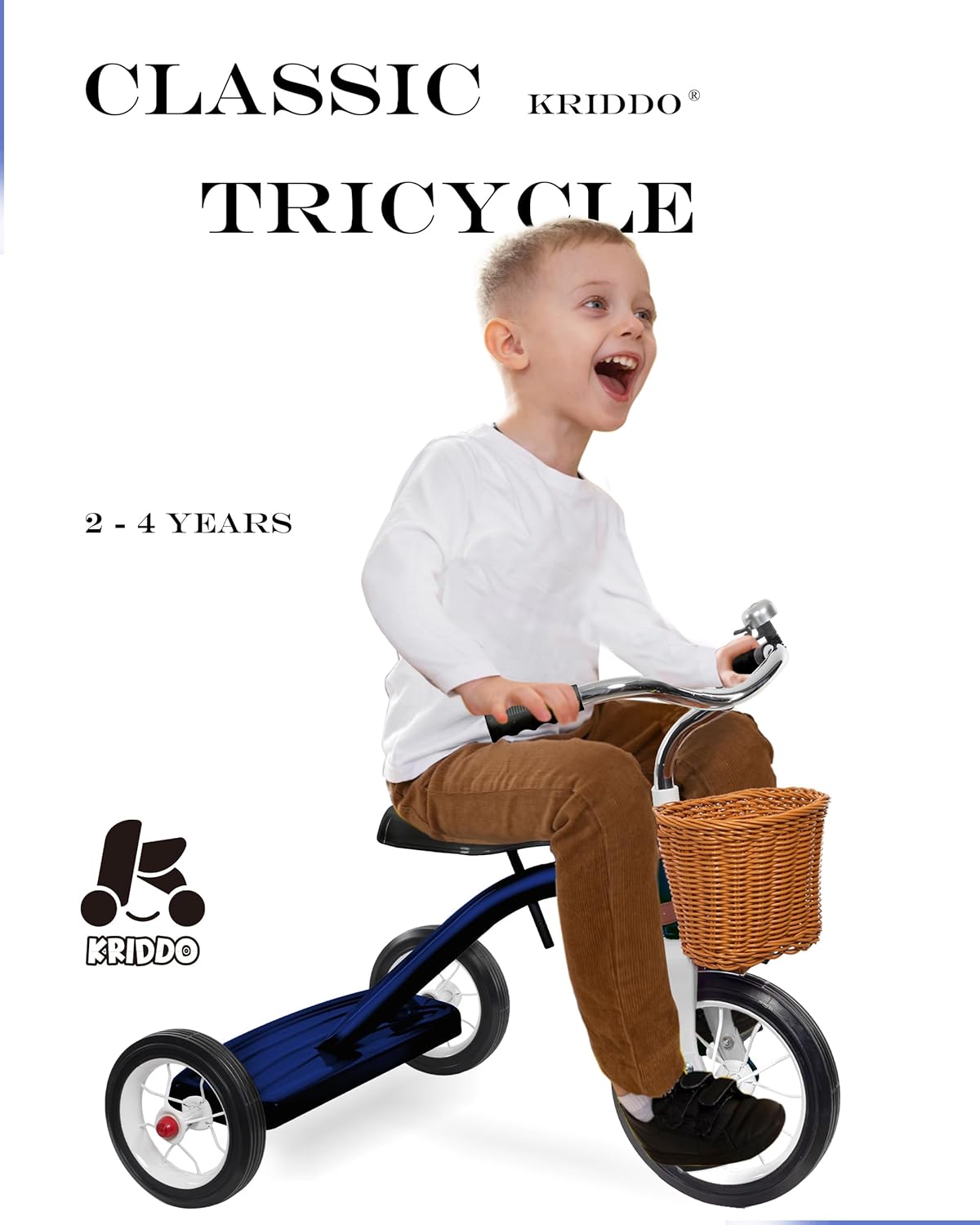 KRIDDO Classic All Metal Toddler Trike, Gift for Boys and Girls Ages 2 to 4 Year Old, Tricycle for 1 to 3 Year Olds, Sturdy Rear Deck, Deluxe Steer and Ergonomics Grip, Indoor and Outdoor, Blue