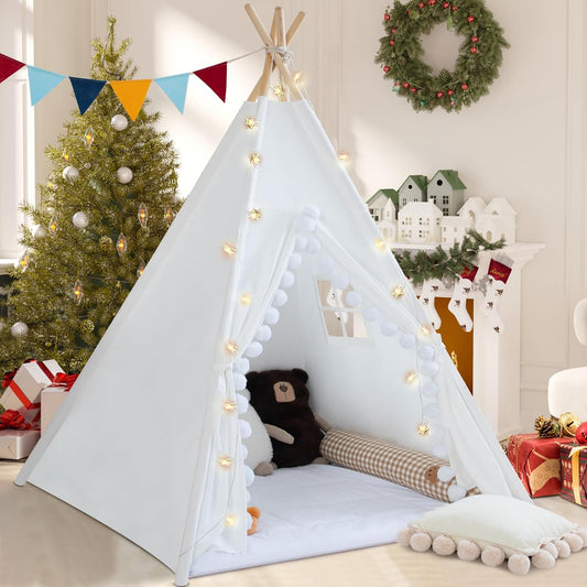 Teepee Tent for Kids with Padded Mat Cotton Canvas Kids Teepee with Pompom for Toddlers Indoor Play Tent for Girls Boys with Stars Lights, Carry Bag, Banner Flag (Snowman)