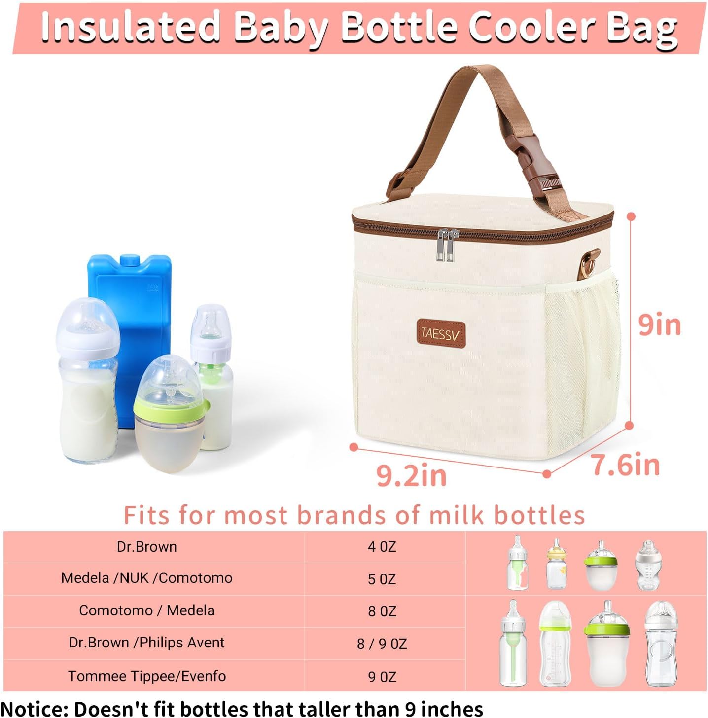 Breastmilk Cooler Bag with Ice Pack - Breast Milk Cooler Travel Bag Fits 6 Bottles Up to 11 Oz Insulated Baby Bottle Cooler Bag Breastmilk Storage Bag Cooler Perfect for Nursing Mom Daycare, Beige