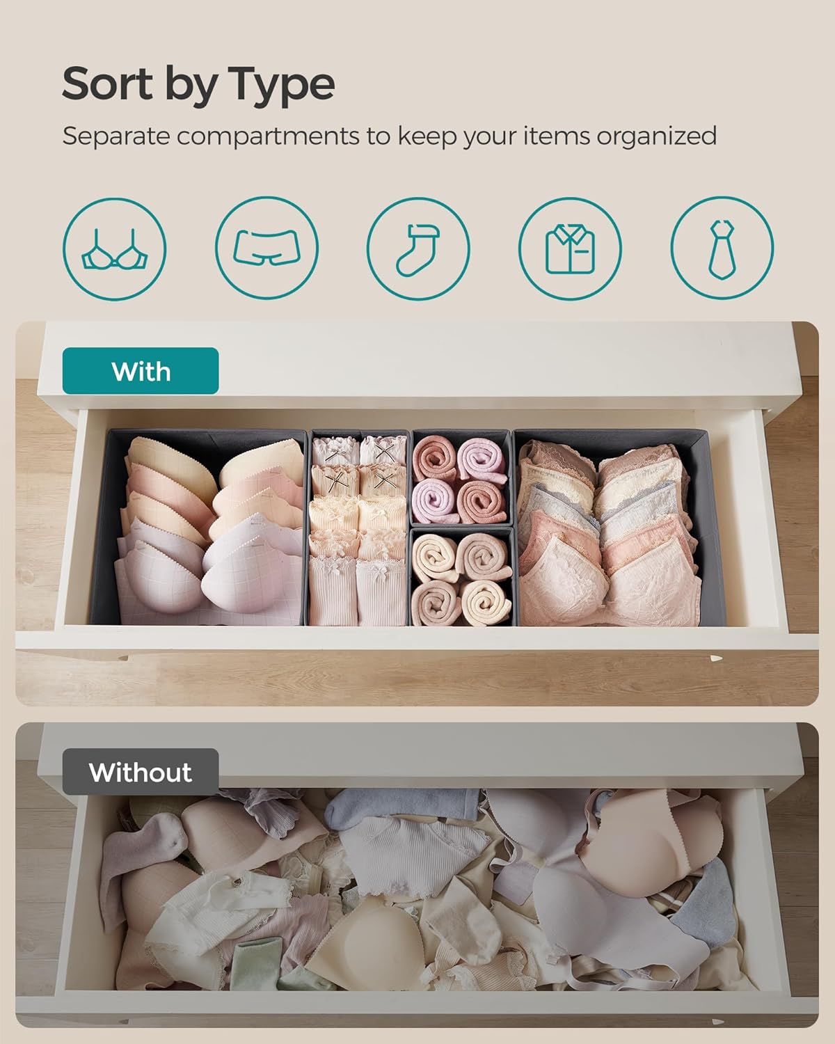 SONGMICS Drawer Organizer, Dresser Drawer Organizers, Set of 12, Foldable Fabric Storage Bins for Socks, Underwear, Bras, Ties, Scarves, Slate Gray URDZ006G03